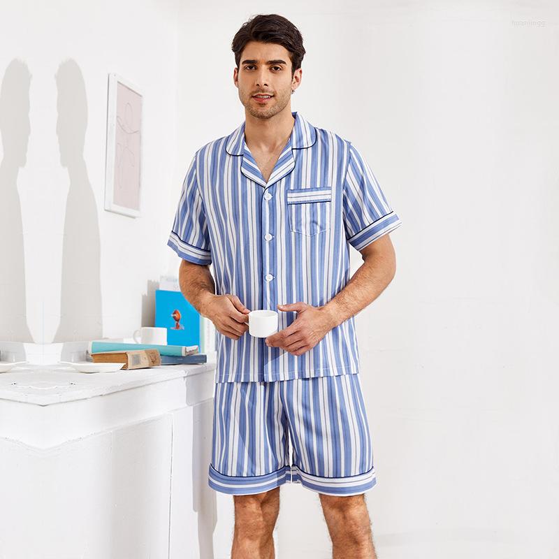 

Men' Sleepwear Cozok Ice Silk Men' Pajamas Summer Short Sleeve Shorts Striped Two-Piece Homewear Suit Men, 2182