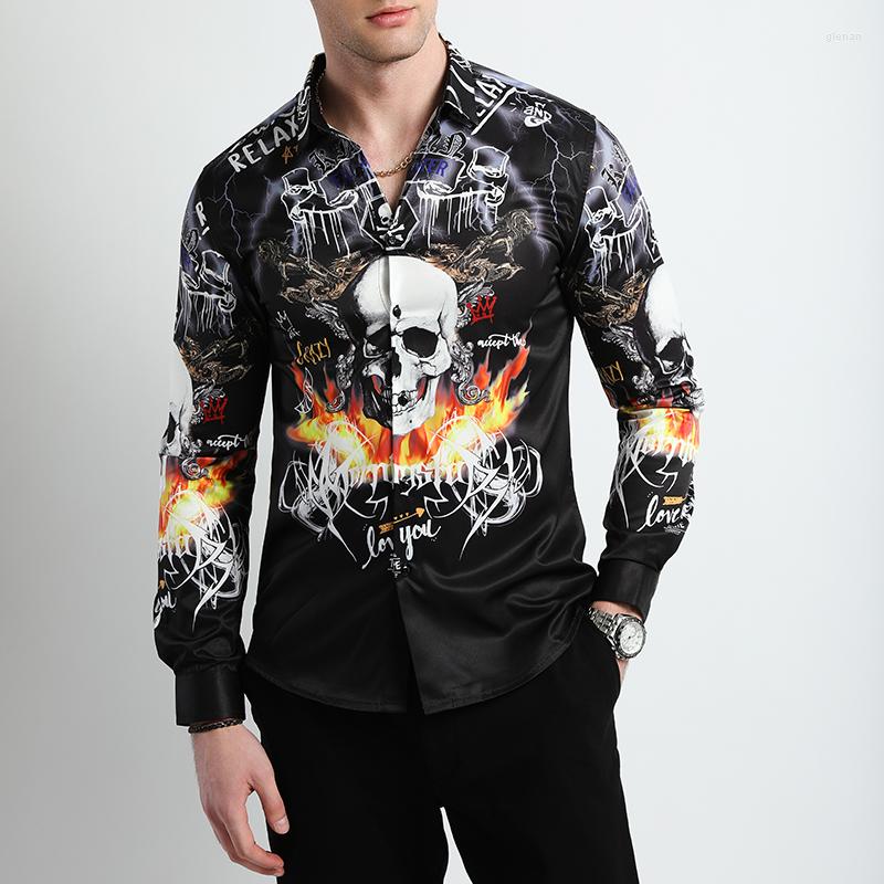 

Men's Casual Shirts Long-sleeved Flame Skulls Print For Men Large Size Slim Fit Mens Social Blouses Lapel Button, 2830-black