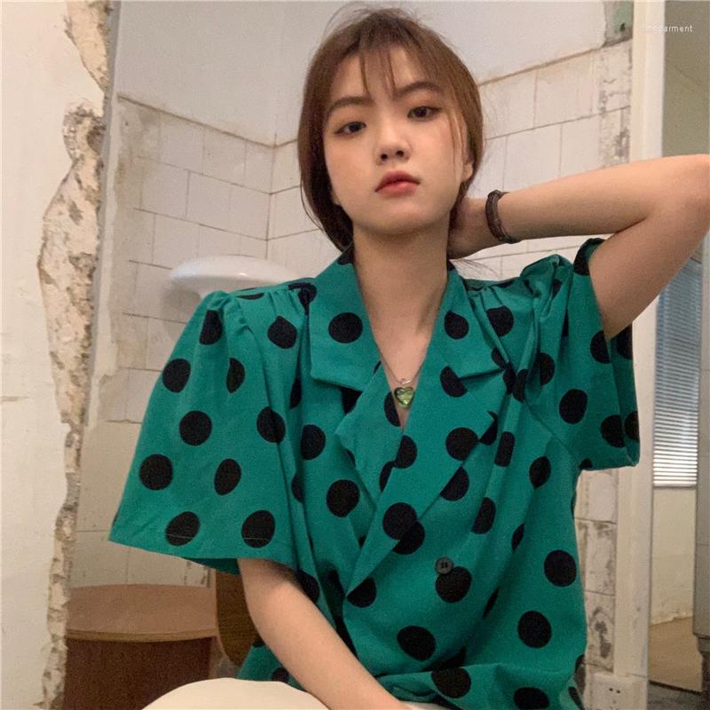 

Women's Blouses Summer Korean Style Suit Collar Polka Dot Shirt Short Sleeve Casual Blouse Niche Female, Green