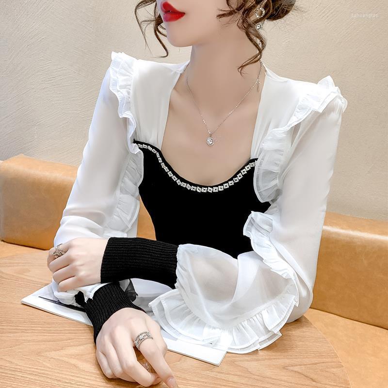 

Women' T Shirts Spring Autumn 2023 Fashion Western Style Beaded French Square Collar Blouse Ruffled Chiffon Stitching Sweater Women E966, White