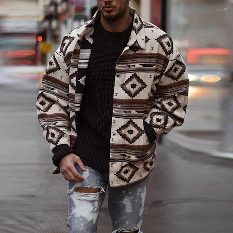 

Men' Jackets Vintage Tribal Style Geometric Print Jacket Men' Autumn Auutmn Trend Lapel Tops Cardigan Slim Personality Male Coat, As shown