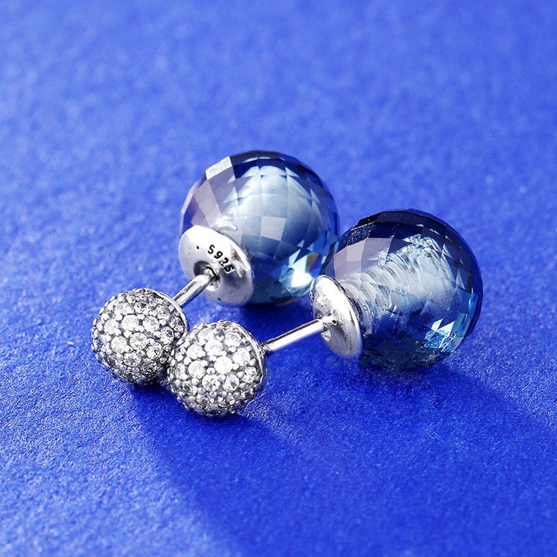 

925 Sterling Silver Stud Earrings Shimmering Drops Midnight Blue Crystals Fits European Pandora Style Jewelry Fashion Earrings