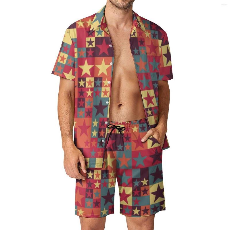 

Men's Tracksuits Colorful Stars Men Sets Art Print Cool Casual Shirt Set Short Sleeves Shorts Summer Vacation Suit Plus Size 2XL 3XL, Style-9
