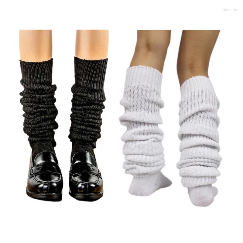 

Women Socks Winter Ribbed Knit Slouch Top Thigh High Stockings Japanese Style Lolita Student Uniform Loose Over Knee Boot Leg, White