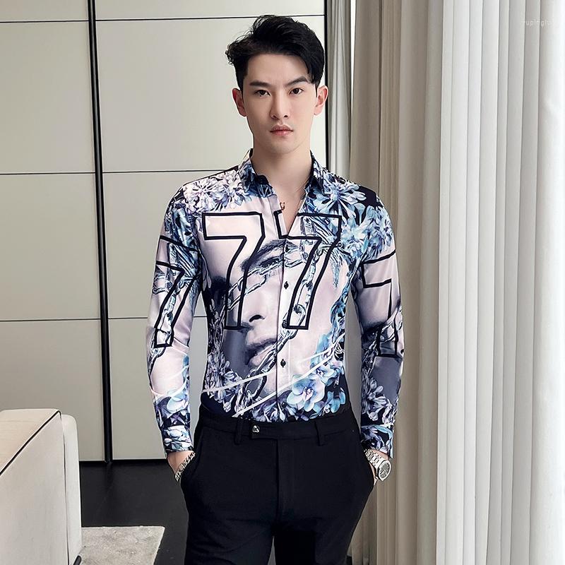 

Men's Casual Shirts Korean Fashion For Men Spring Autumn Retro Printed Long Sleeved Slim Fit Mens Floral Shirt, 2846