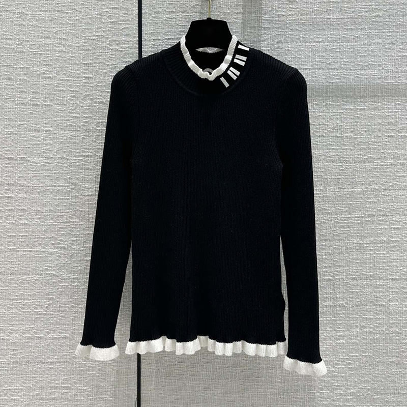 

Luxury Women Knitted T Shirt Clashing Ruffle Bottom Shirt Long Sleeve Knit Tops, White with label #