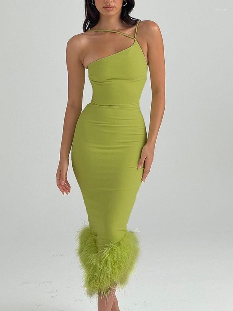 

Casual Dresses Green Elegant Midi Dress For Women Fashion One Shoulder Faux Fur Bodycon Summer Sexy Backless Evening Club Party