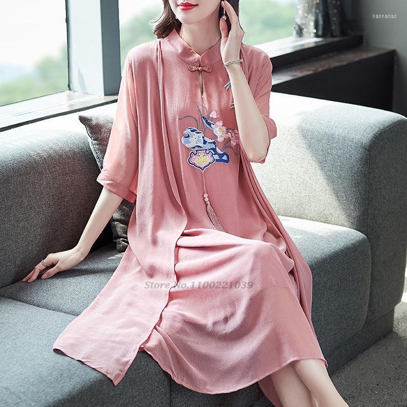 

Ethnic Clothing 2022 Women Vintage Qipao Dress Chiffon Female Elegant Traditional Flower Embroidery Oriental Chongsam