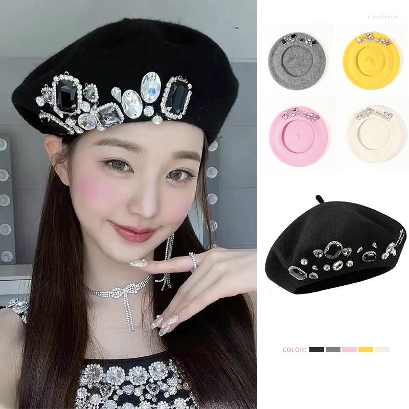 

Berets Brand Thick Winter Artist French Wool Beret Women Painter Hat Girls Female Warm Luxury Rhinestone Cap Beanies Sombreros De Mujer, White