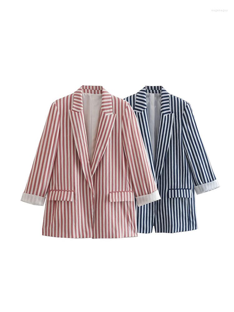 

Women's Suits SLMD 2022 Elegant Ladies Striped Blazers Female Pockets Casual Chic Notched Blazer Coats Fashion Tops, Blue