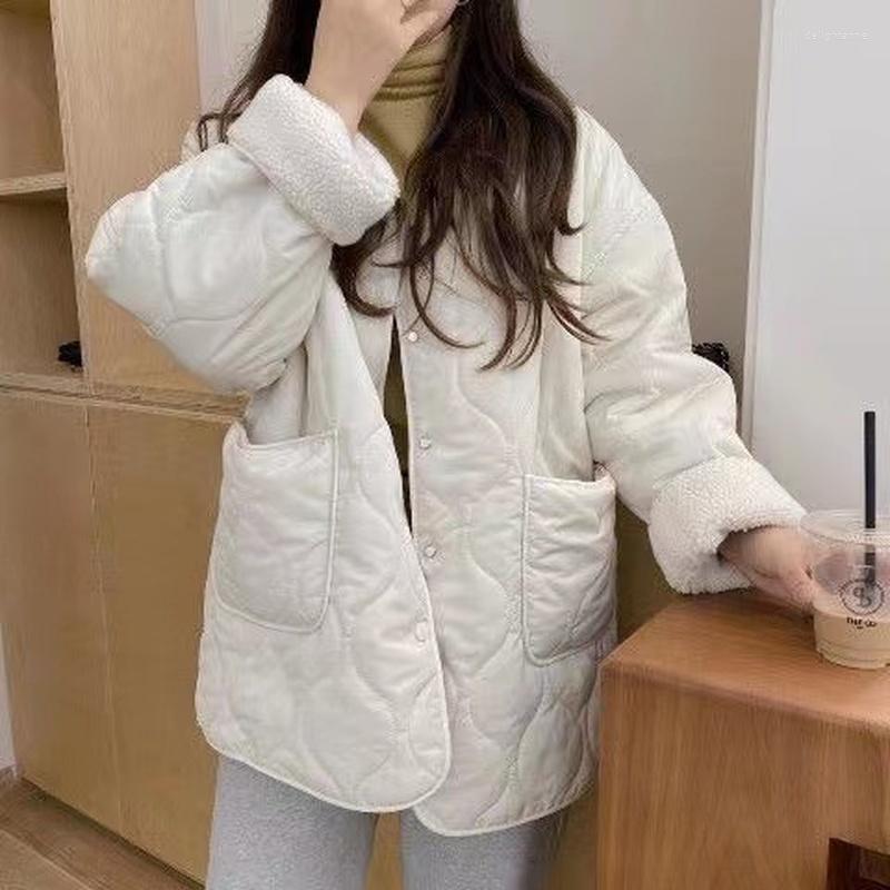 

Women' Down 2022 Autumn Winter Women Jackets Quilted Vintage High-Quality Warm Cotton Wool Liner Wild Womenswear Oversize Coat, White