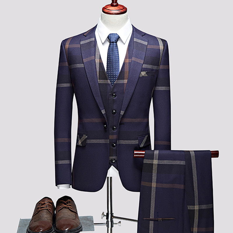 

Men's Suits Blazers 3 Pcs Set Coat Vest Pants / Fashion Casual Boutique Business Plaid Slim Formal Dress Jacket Waistcoat 221201, 2 pcs set blue