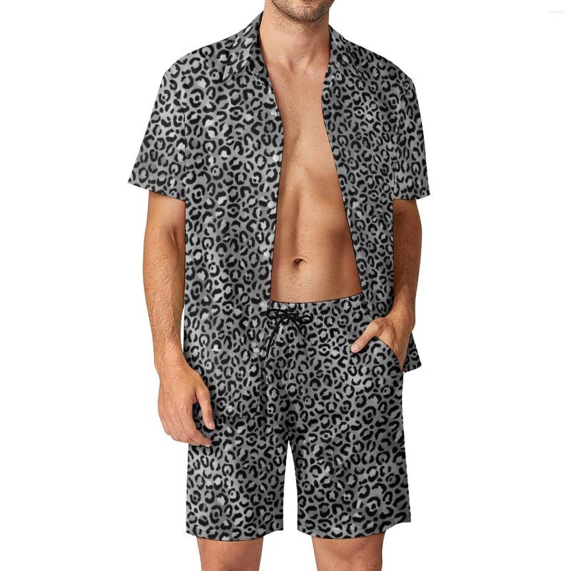 

Men's Tracksuits Black Grey Leopard Men Sets Animal Spots Print Trending Casual Shirt Set Short Sleeve Shorts Summer Vacation Suit Plus Size, Style-2