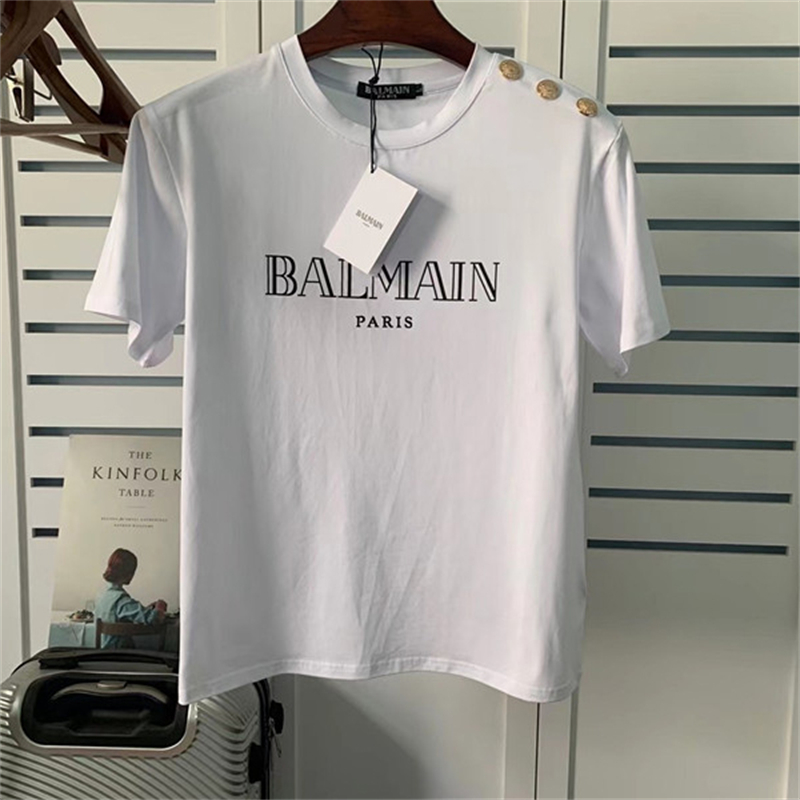 

Balmain Luxurious Fashion Mens T Shirt Gold Buckle Stamping Letter Print Short Sleeve Round Neck Summer Loose T-Shirt Top Black White Asian Size S-2XL