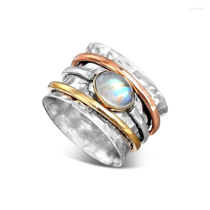 

Wedding Rings Shining Round Moonstone Ring For Women Fashion Metal Tricolor Wide Spinner Party Bridal Engagement Jewelry