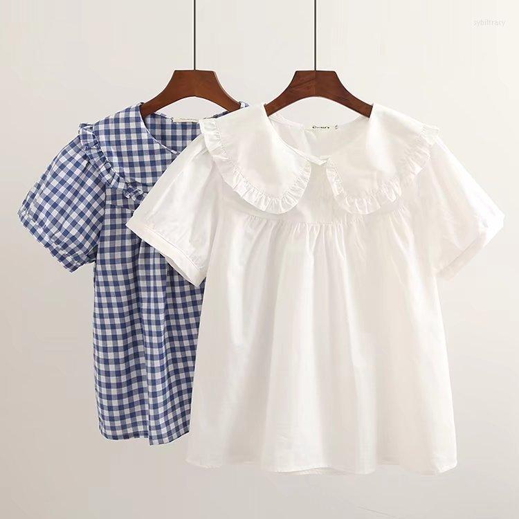 

Women' Blouses Japanese Fresh Mori Girl Lace Doll Collar Plaid Short-Sleeved Shirt Women' Top 31849, Blue