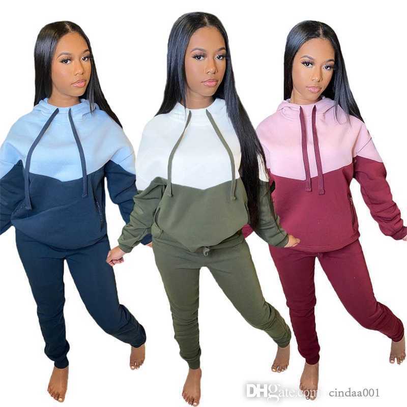 

2022 Fall Winter Women Pullover Tracksuits 2 Piece Pants Outfits Designers Fashion Contrast Color Stitching Hoodies Sweatsuit, Green
