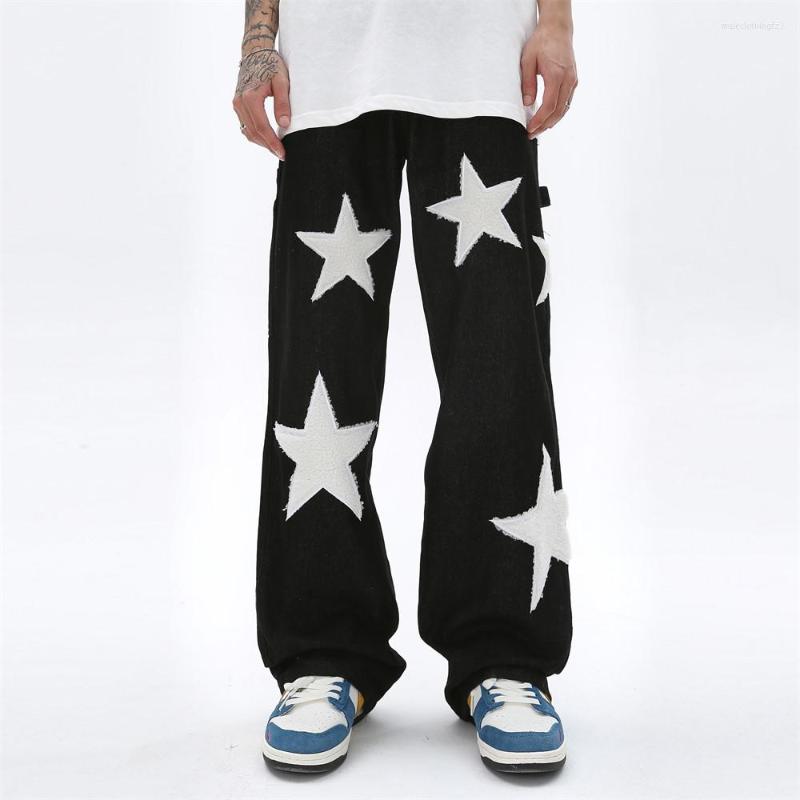 

Men' Jeans Fashion Star Flocking Embroidered Cotton Men' Ins Style Tide Brand Loose Casual Straight Pants Wide Leg, Black