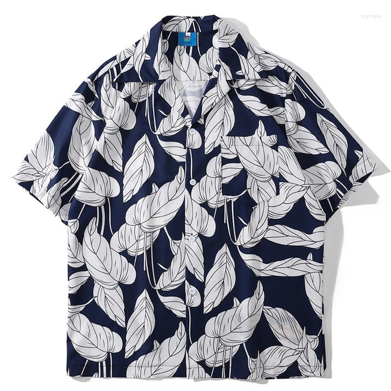 

Men's Casual Shirts 2022 Summer Unisex Vintage Harajuku Leaves Print Turn-Down Collar Couple Tropica Men Oversize Hawaii Short Sleeve Shirt