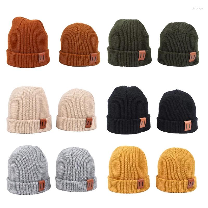 

Hair Accessories Baby Knit Hat For Boys Girls Autumn Winter Warm Kids Beanie Adult Children Parent-Child Hats Born Cap With Leather Label, F coffee