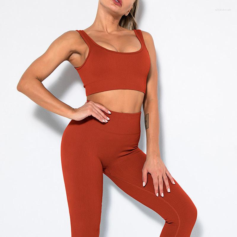 

Active Sets 2 Piece High Waist Leggings And Top Set Seamless Ribbed Yoga Clothing WomenTracksuit Fitness Workout Outfits Gym Wear, Beige