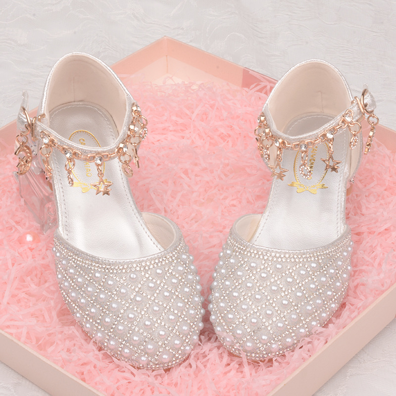 

Children's shoes shiny pearls sequins spring and autumn girls' soft sole diamond low heel princess shoes gold chain tide flower gilrs' Kitten heels, Pink