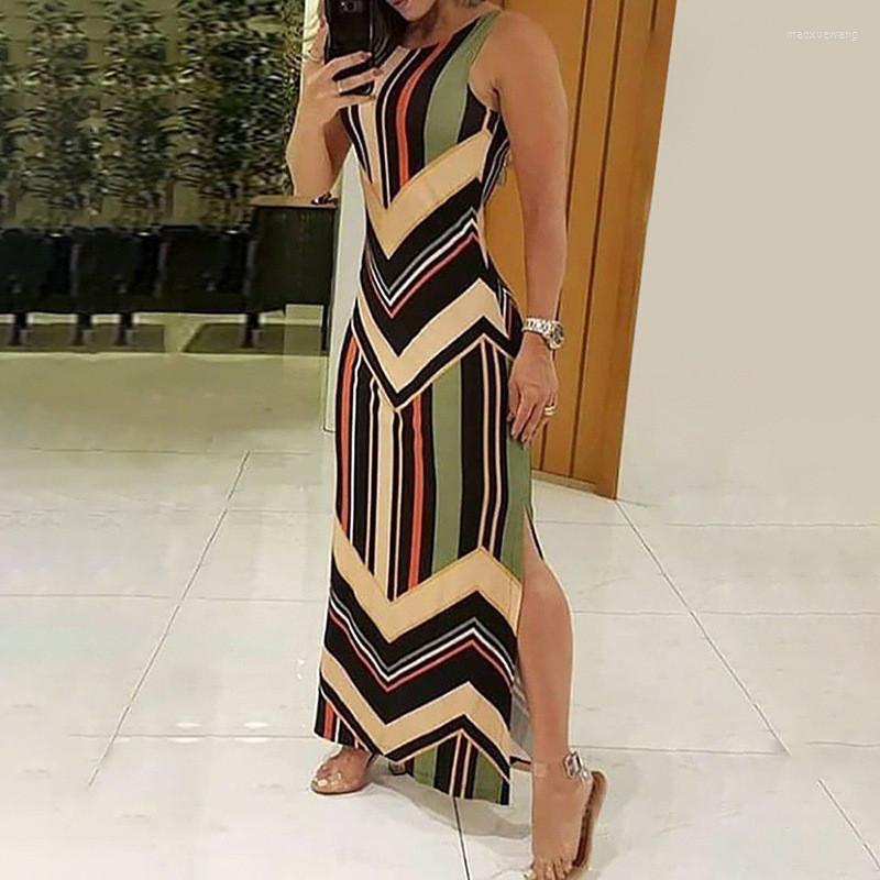 

Casual Dresses Sleeveless High Split Long Dress Sexy Striped Fashion Printed Bodycon Women Summer Gothic Clothes Tank Sundress, Green