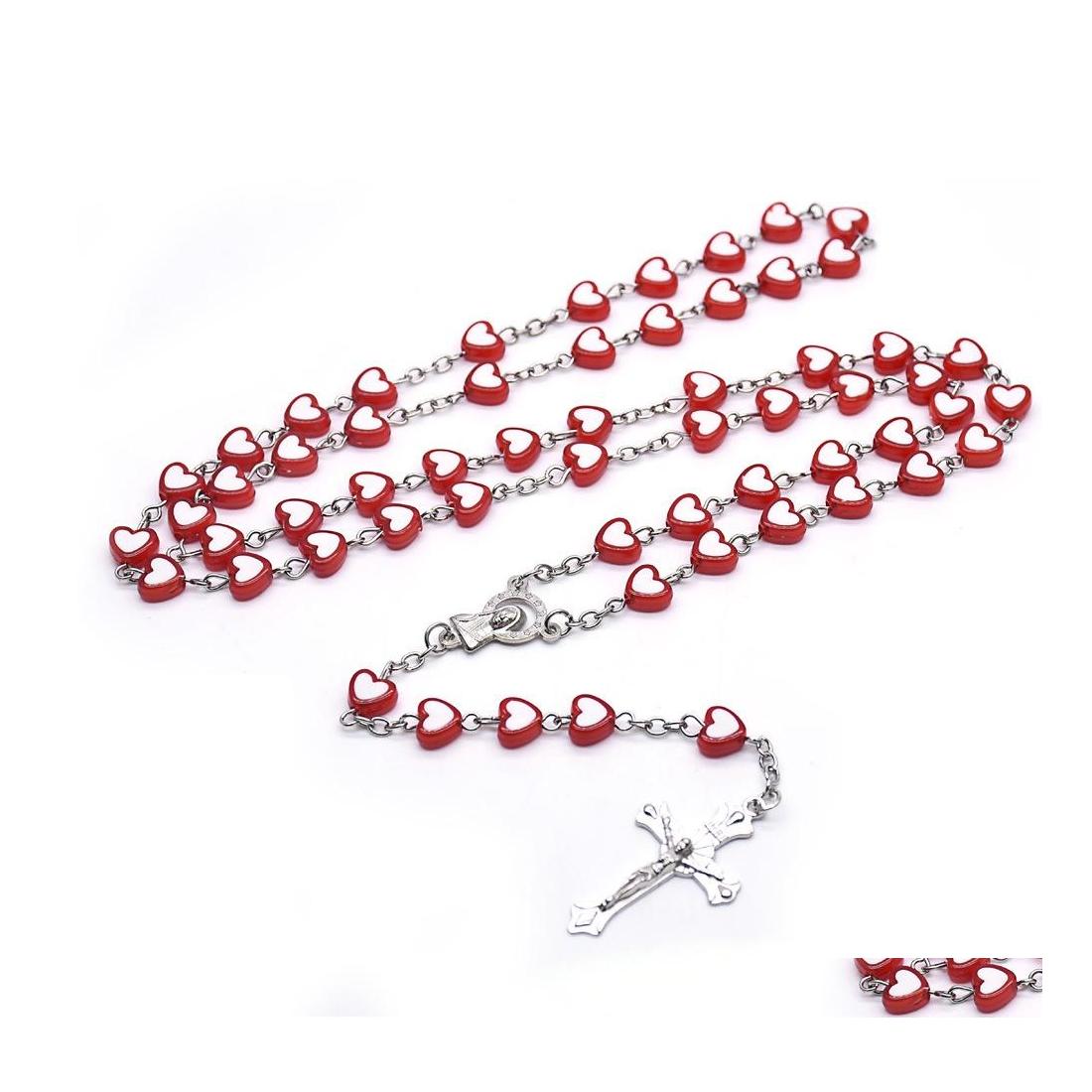 

Pendant Necklaces Red Peach Heart Cross Rosary Necklace Long Pendant Women Religious Pray Jewelry Gifts Drop Delivery Necklaces Penda Dhvyr