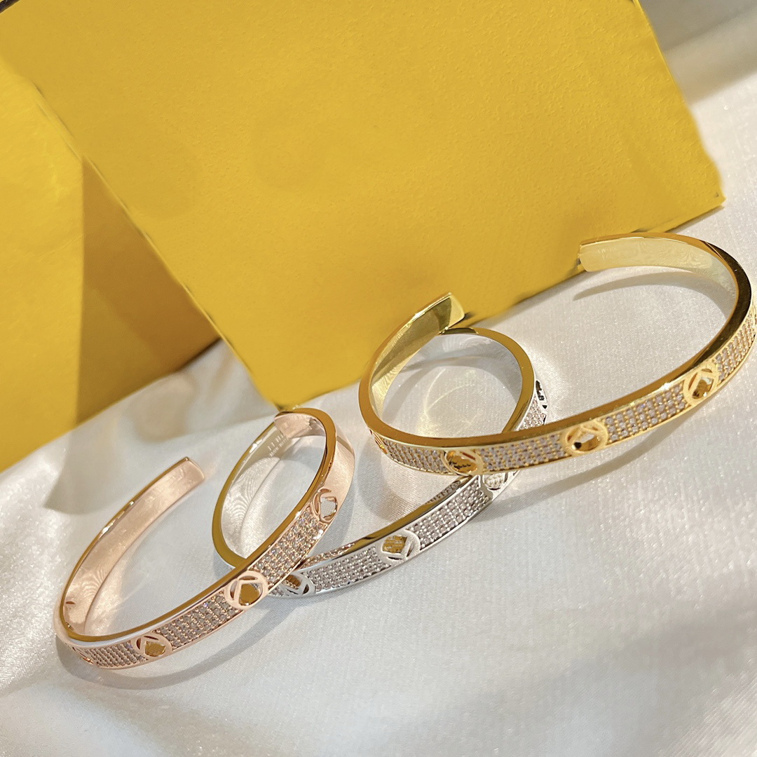 

Luxury F Letter Fashion Bangle Lady Women Bracelets Stainless Steel 18K Gold Plated Setting Diamond Engraved Plaid Open Narrow Bracelet Gifts FB1 --03