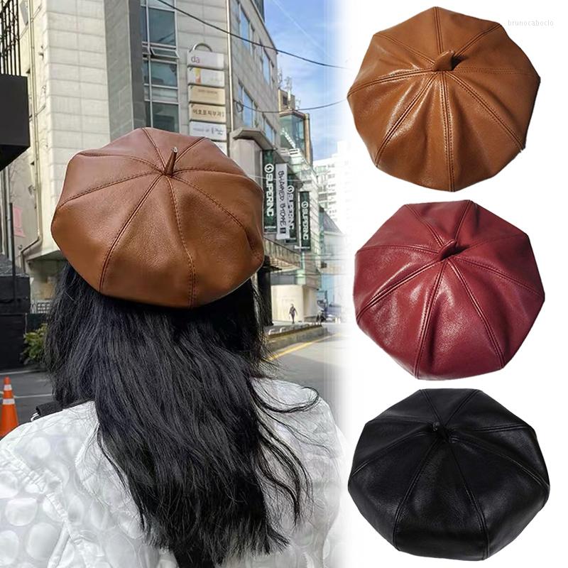 

Berets Women Vintage Beret Solid Cap Pu Leather French Artist Warm Beanie Hat Female Ladies Adjustable Pumpkin, Khaki