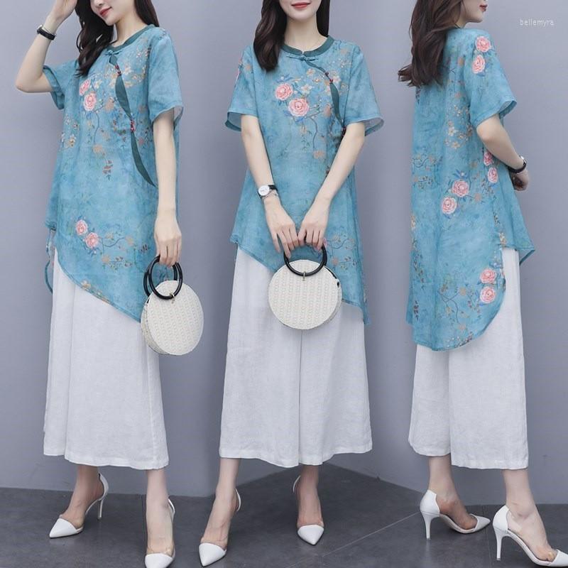 

Ethnic Clothing Blue Flower Women Tang Suit Short Sleeve 2PCS Shirt&Pants Summer Chinese Sets Female O-neck Tops With Wide Leg Pants