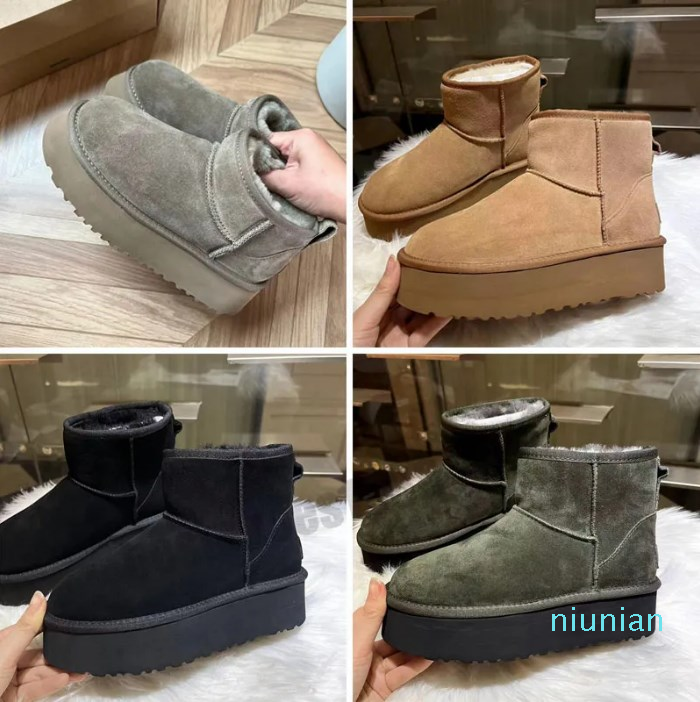 

Platform Designer Women Boots Thick Bottom Furry Snow Boots Brown Black Ultra Mini Short Booties Size 35-42 Warm Winter Shoes, Color 1