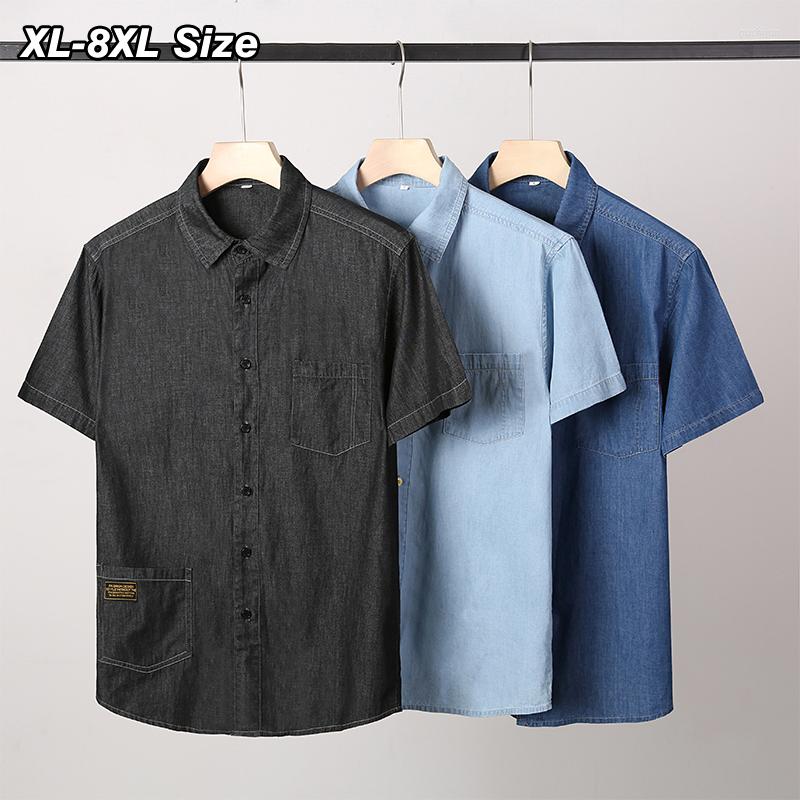 

Men's Casual Shirts Men Denim Shirt Cotton Plus Size 6XL 7XL 8XL Fashion Button Up Short Sleeve Tops Male Clothes Blue Black