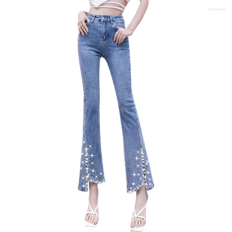 

Women' Jeans Plus Size Flare For Women Peg Drill Beaded High Waist Elastic Slim Denim Pants Ankle Length Femme Trousers Boyfriend, Blue