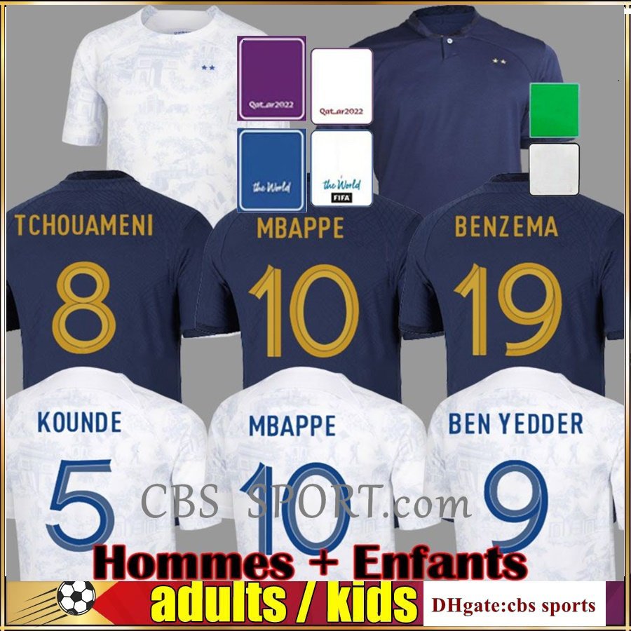 

BENZEMA 2022 Soccer Jersey QATAR World Cup French MBAPPE POGBA GRIEZMANN VARANE Football Shirt PAVARD Kids Kit socks KANTE maillot de foot PAVARD hommes enfants, Home with patches