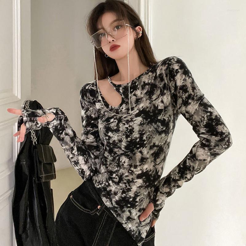 

Women' T Shirts Tie Dye Chain Long Sleeve Tshirts Women Irregular Tops Autumn Spring Y2k Style Streatwear Skinny Slim Korean Hole Tee Shirt, Black