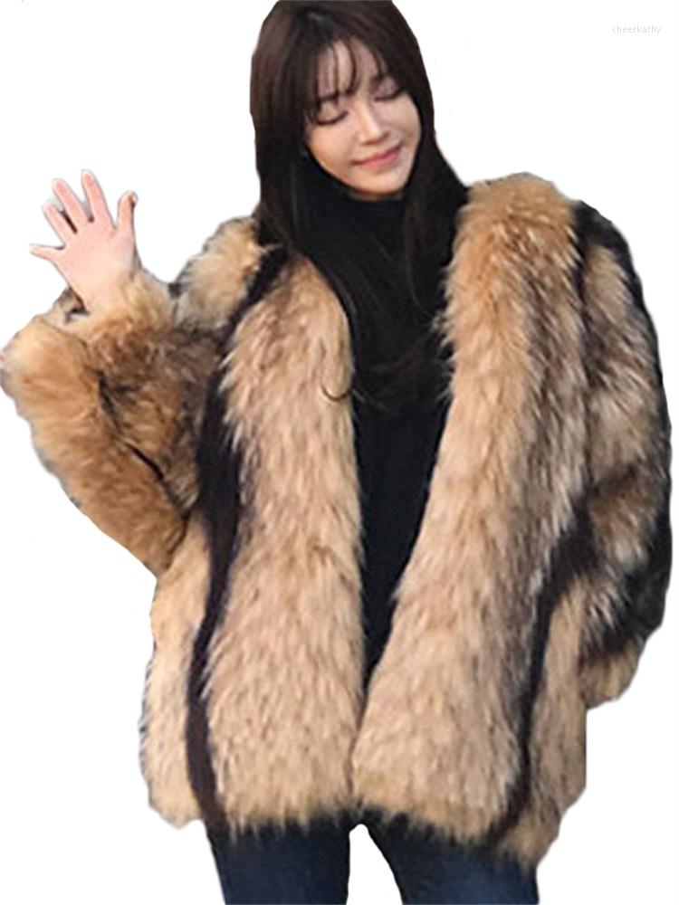 

Women' Fur Faux Marbled Coat Women Mid-length Trendy Mixed Color Imitation Raccoon Jacket Winter Thick Warm Outer Wear N1517, As photo
