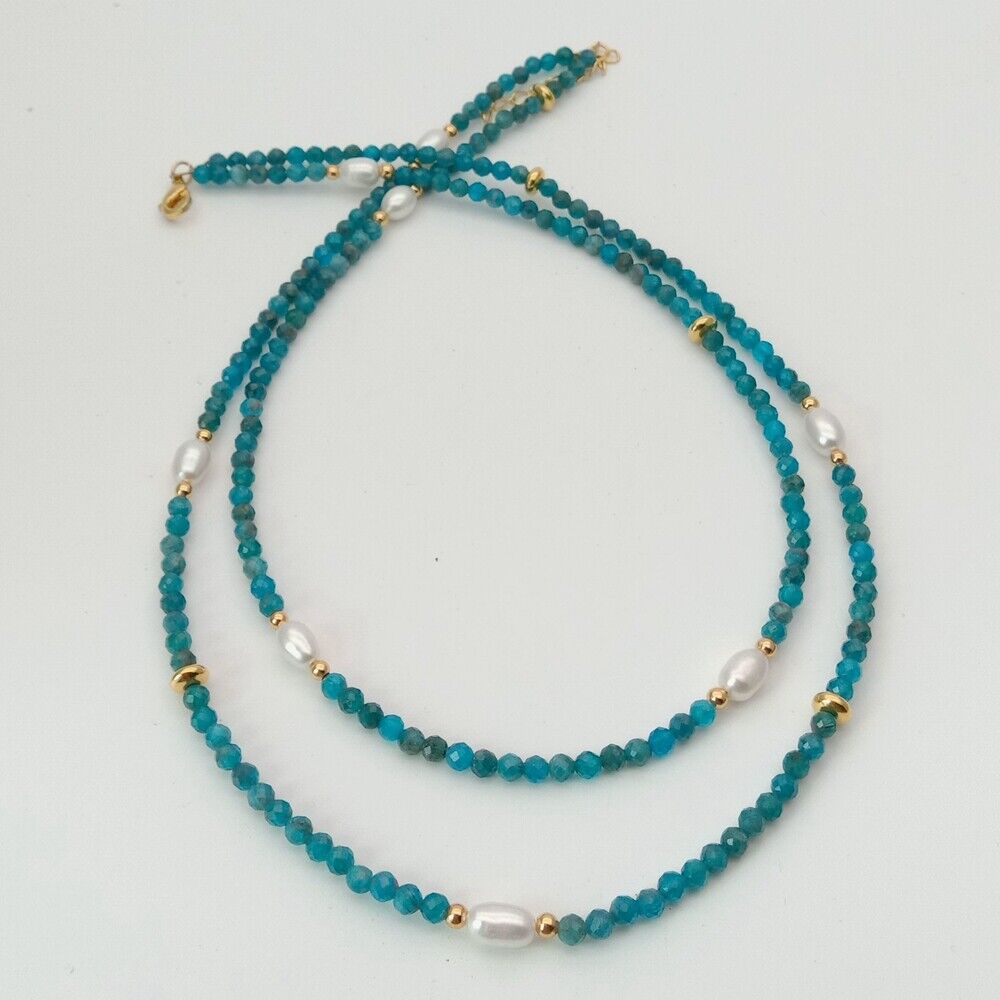 

Natural white freshwater Pearl Blue Kyanite 2strands statement Necklace