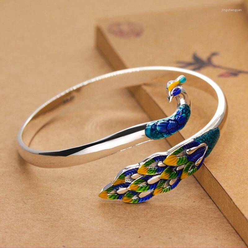 

Bangle 2022 Arrival Luxury Jewelry For Women Fashion Creative Ethnic Style Peacock Shape Blue-green Open Bracelet Female Gift