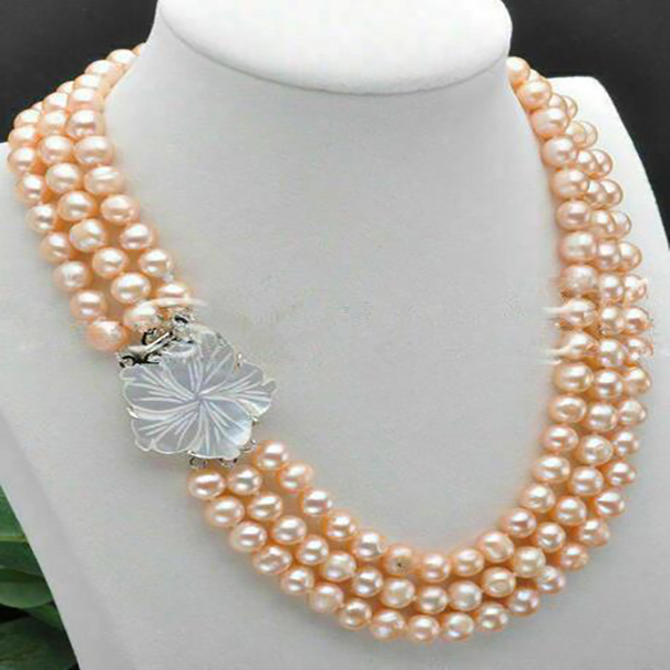 

Fashion 3 Rows 7-8mm Real Pink Cultured Pearl Necklace 17-19'' AAA