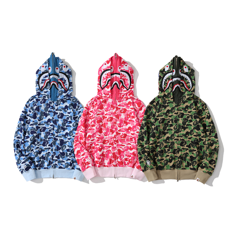 

Bape Mens Designer Full Zip Hoodies Men Women Shark head double hat hoodies with camouflage Jacket Womens Hoodie 3 Colors Asian Size M-3XL, Blue