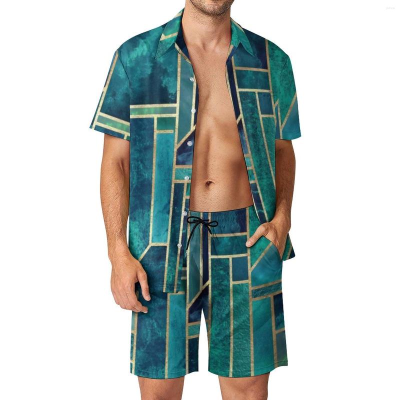 

Men's Tracksuits Abstract Geometry Vacation Men Sets Blue Skies Print Casual Shirt Set Summer Design Shorts Two-piece Trendy Suit Big Size, Style-9
