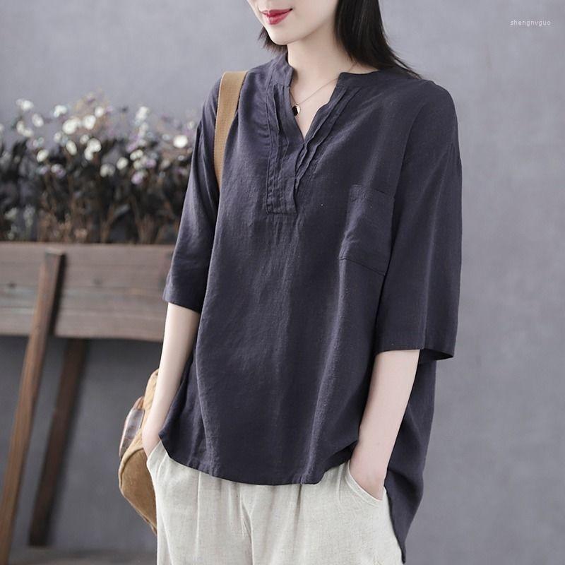 

Women's T Shirts Cotton 95% Linen Women T-Shirts Summer Vintage 2022 V-Neck Half Sleeved Straight Loose Casual Female Pulls Tops Tees, White