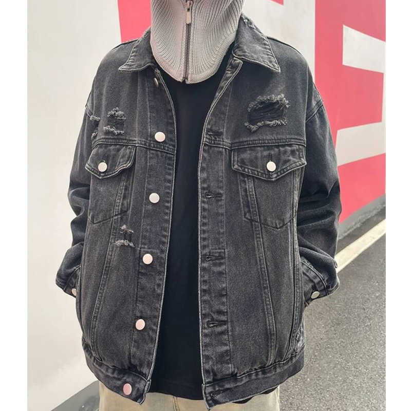 

Men's Jackets High Street Vintage Wash Jacket Torn Jeans Jacket Men's And Women's Loose Casual Jacket T221202, Black