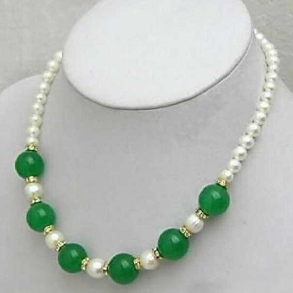 

7-8mm White Pearl Green Jade Gemstone Round Beads Necklace 18"