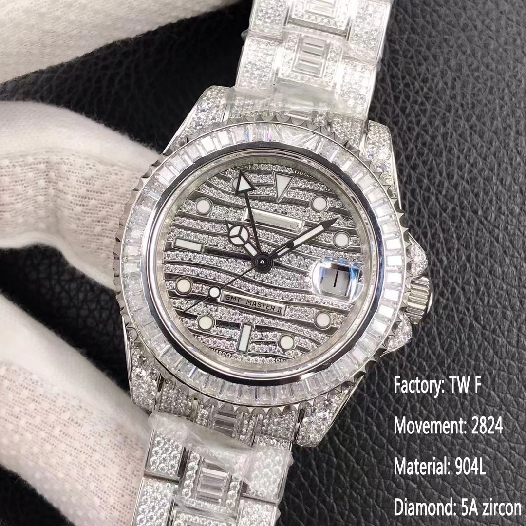 

Luxury Full drill watch high density inset 40mm size sapphire glass 904 stainless steel watchband 2824 automatic mechanical movement, 0.8mm