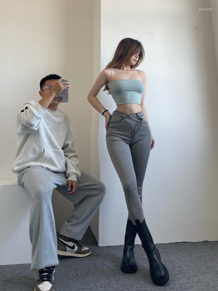 

Women's Jeans High WOMANGAGA French Retro Street Tight Sexy Denim Pencil Pants Slanted Buckle Design Waist Women's Clothing OOU5, Black