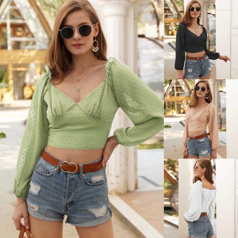 

Women's Blouses Fashion Dot V-neck Blouse Shirt Lantern Sleeve Crop Tops Casual Summer Ladies Sexy Female Women Long Blusas Women's &, Black