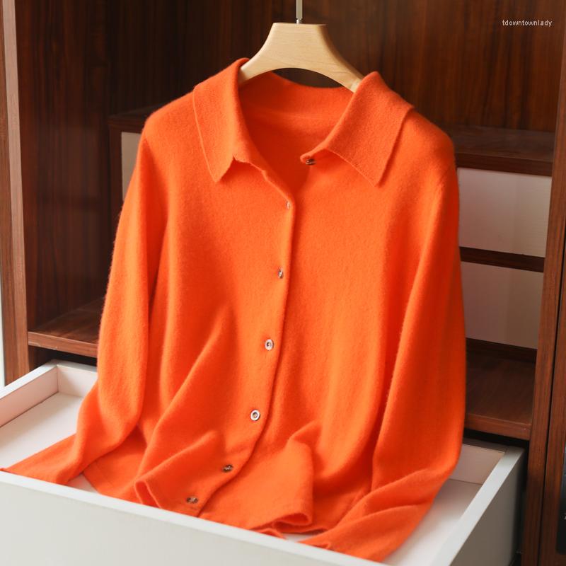 

Women's Knits Autumn Winter 2022 Women's Pure Wool Polo Neck Knitted Cardigan Color Button Solid Cashmere Sweater, Sky blue