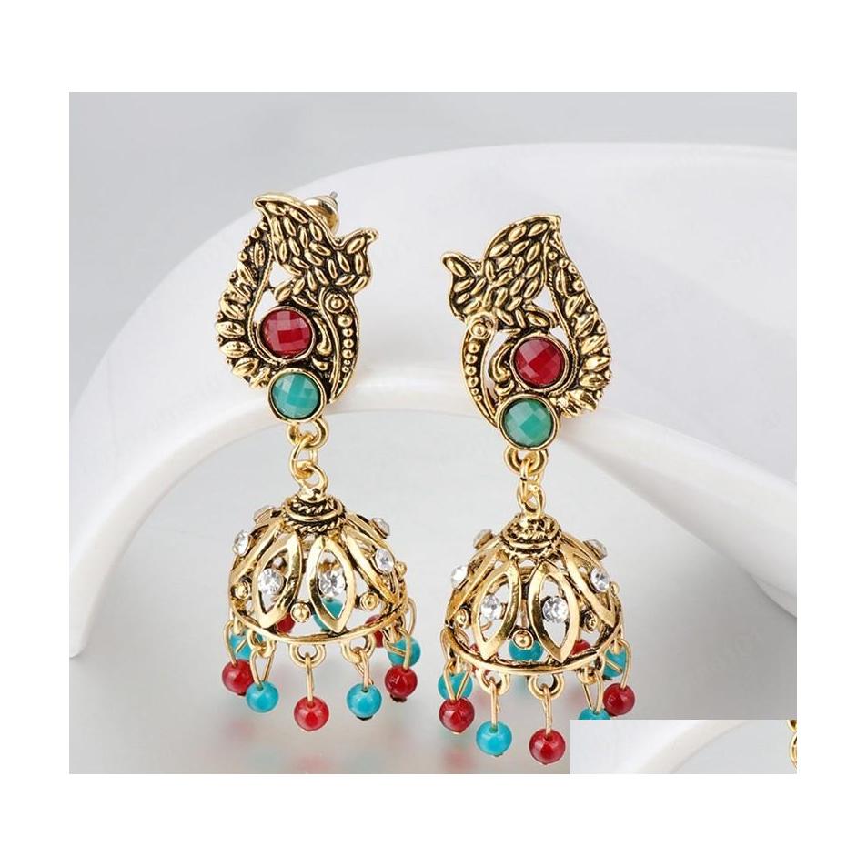 

Dangle Chandelier Vintage Indian Jhumka Earring Boho Ethnic Beads Tassel Gold Metal Bell Hollow Dangle Earrings For Women Jewelry Dhefw